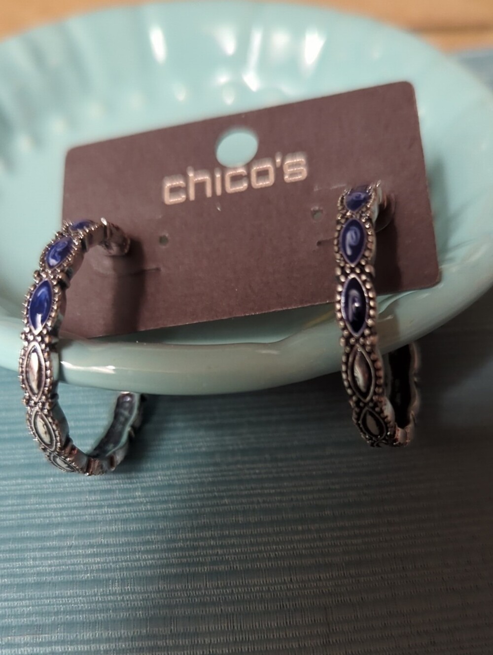 Chico's Silver-Tone Hoop Earrings with Blue Cabochons